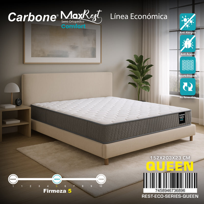 Colchón Semi-Ortopédico Empacado al Vacío Max Rest. Línea económica con Resortes, 23cm (9") Espesor QUEEN 152x203x23cm. Nivel de firmeza 5.