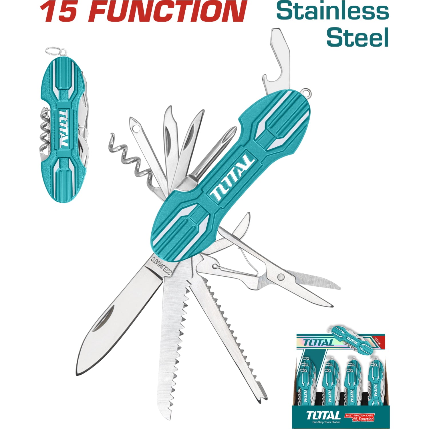 Navaja multifuncional de 15 operaciones Tijeras, serrucho, destornillador y mas, mango de aluminio