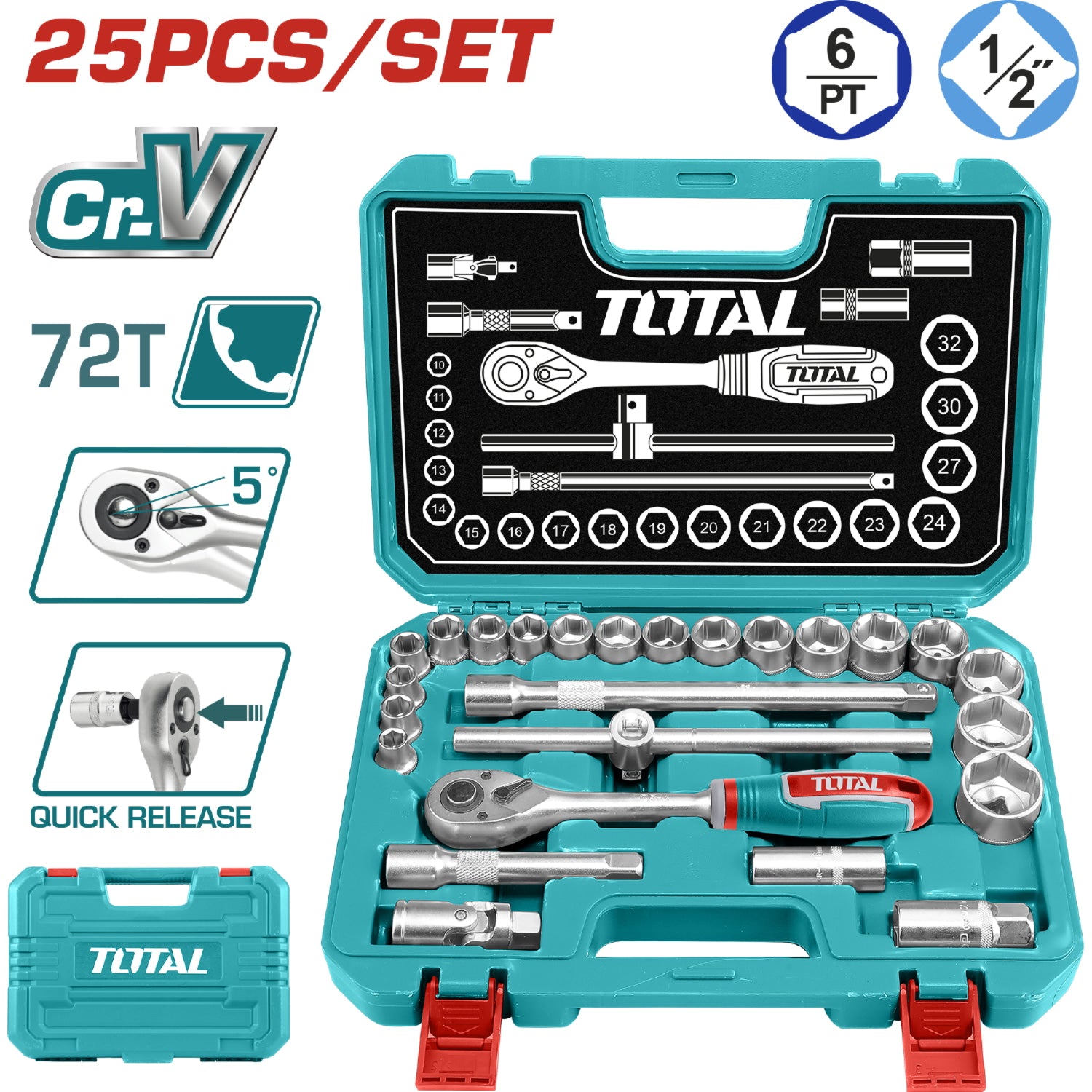 Juego de ratchet con socket 1/2", 25 pzas