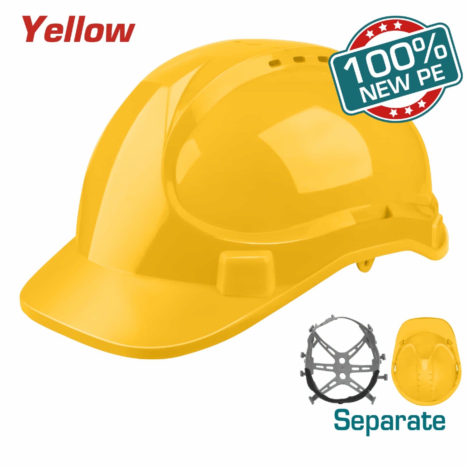 Casco de Seguridad Color Amarillo. 8 Puntos de Suspension. Ajustable. Carcasa de PE con Respiraderos