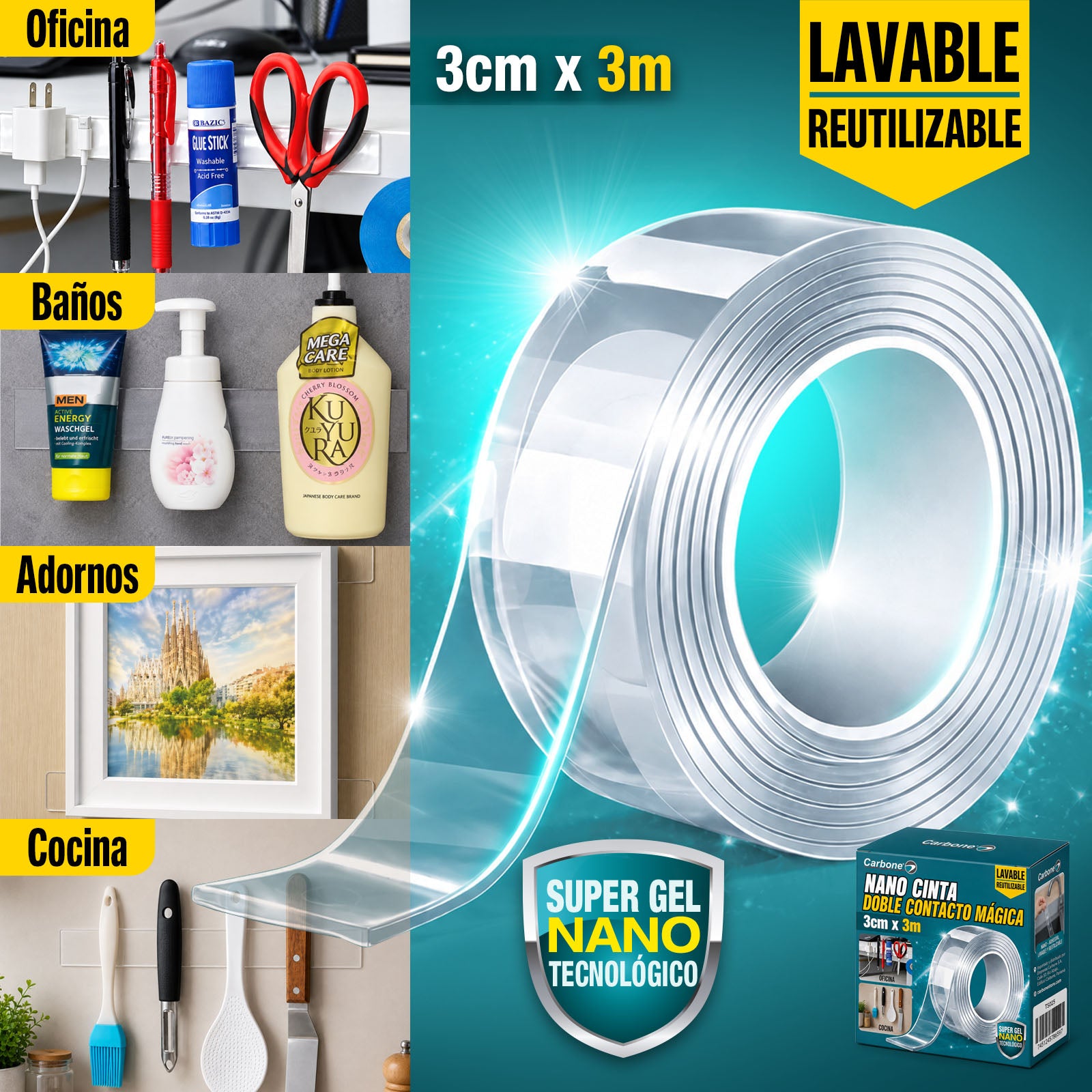 Cinta adhesiva doble contacto, nano-adhesiva, lavable y reutilizable. Tamaño 3cm x 3 Metros