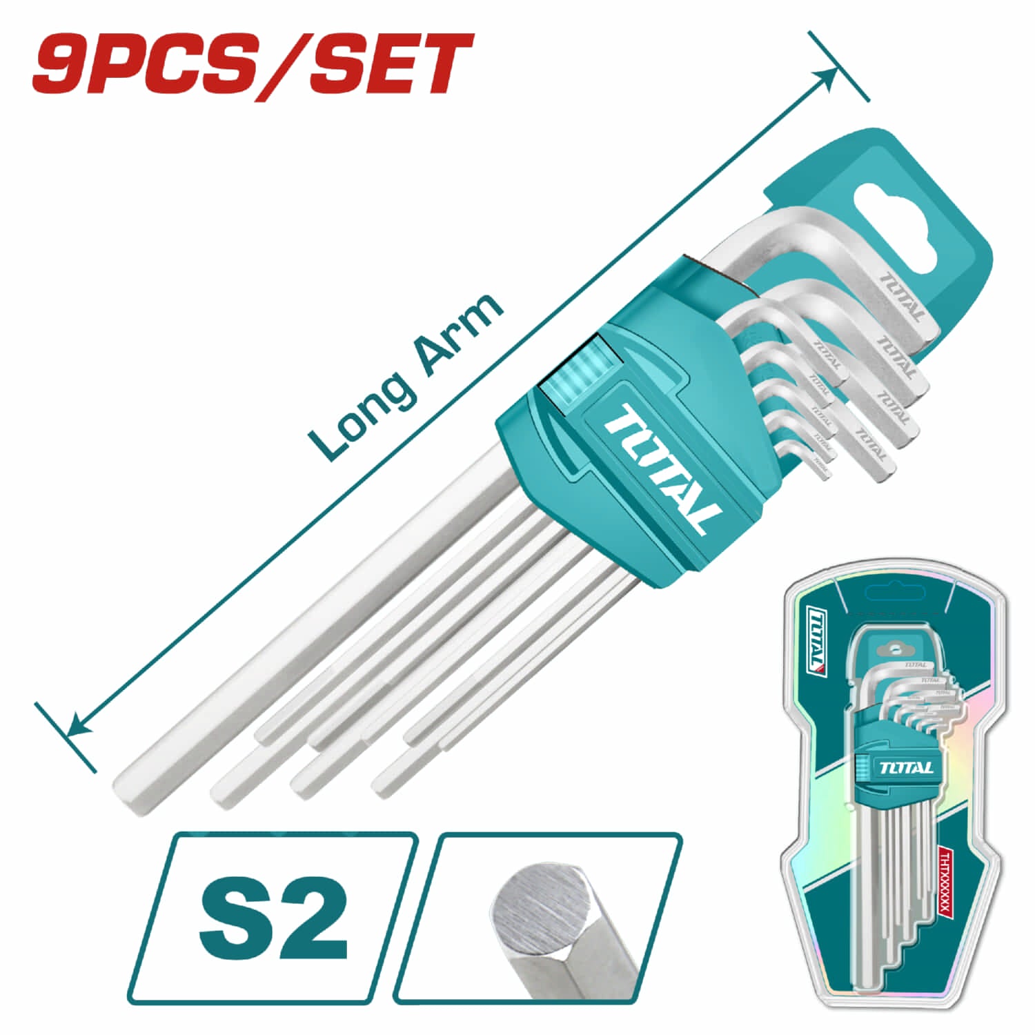 Juego de llaves hexagonales de brazo largo de 9 piezas. . Medidas: 1.5-10 mm. Material: Cr-V,