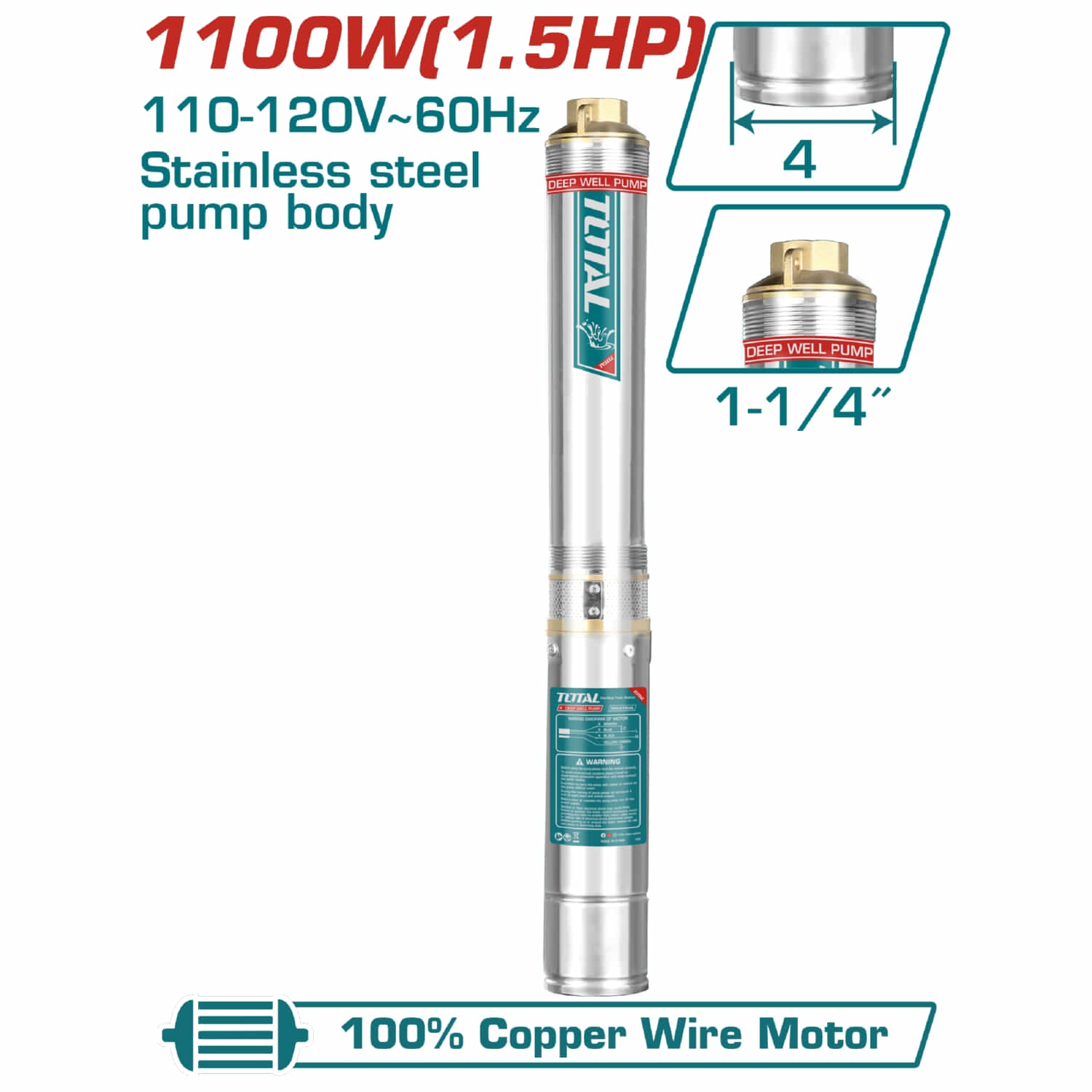 Bomba de pozo cuerpo de 4" 1100W (1.5HP) 110-120V~60Hz.20mts de cable+swiche. NO incluye caja de control.