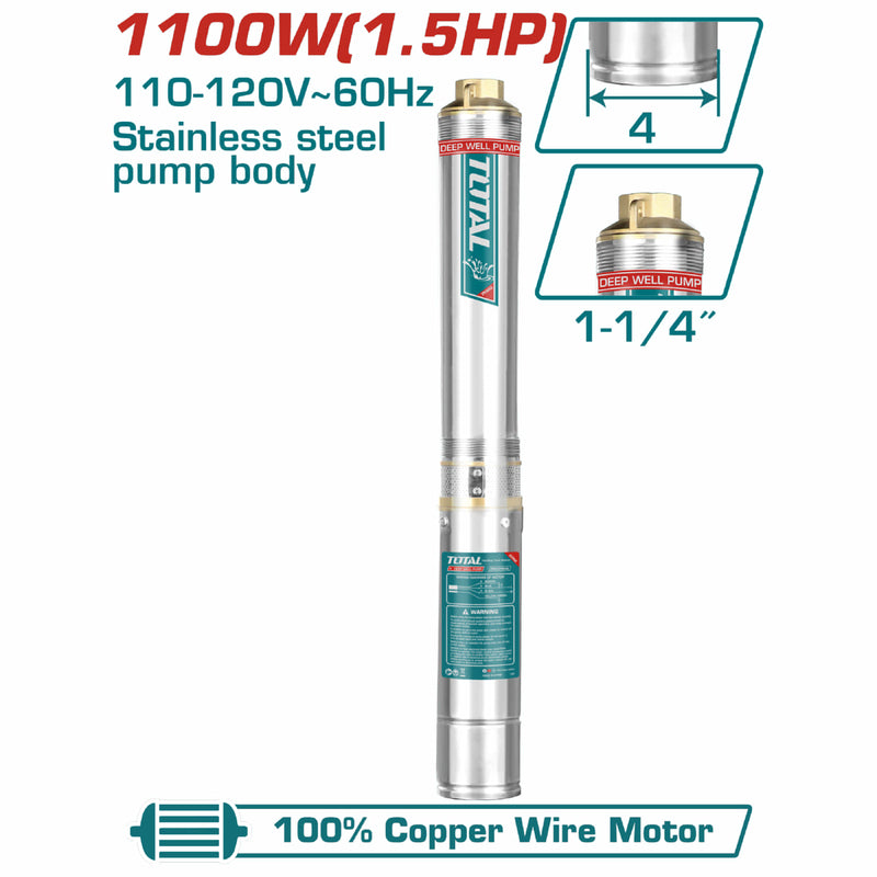 Bomba de pozo cuerpo de 4" 1100W (1.5HP) 110-120V~60Hz.20mts de cable+swiche. NO incluye caja de control.