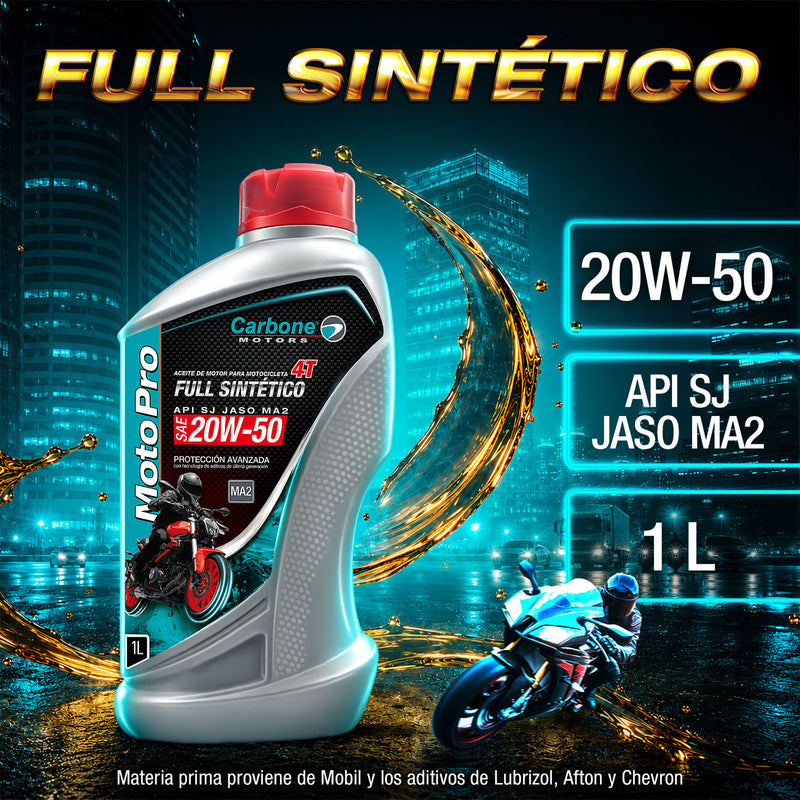 ACEITE PARA MOTO 20W-50 API SJ JASO MA2 FULL SINTETICO PARA MOTOCICLETAS 4T (1 LT).