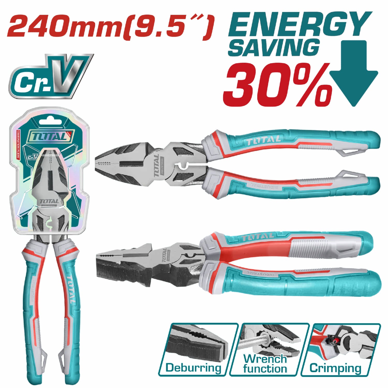 Alicate de combinacion 9.5"/240mm Cr-V. De alto apalancamiento ahorran el 30% de la fuerza aplicada.