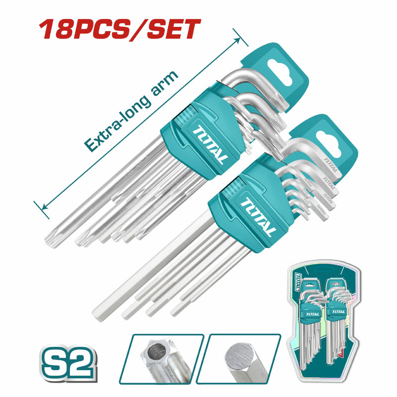 Juego de 18 llaves L Hex y Torx. extra Largas . CR-V. 9 pcs hex 1.5-10mm y 9 torx T10-T50