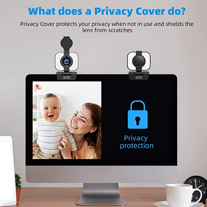 Cámara web HD 1080P con enfoque automático, anillo de luz, protector de privacidad y trípode