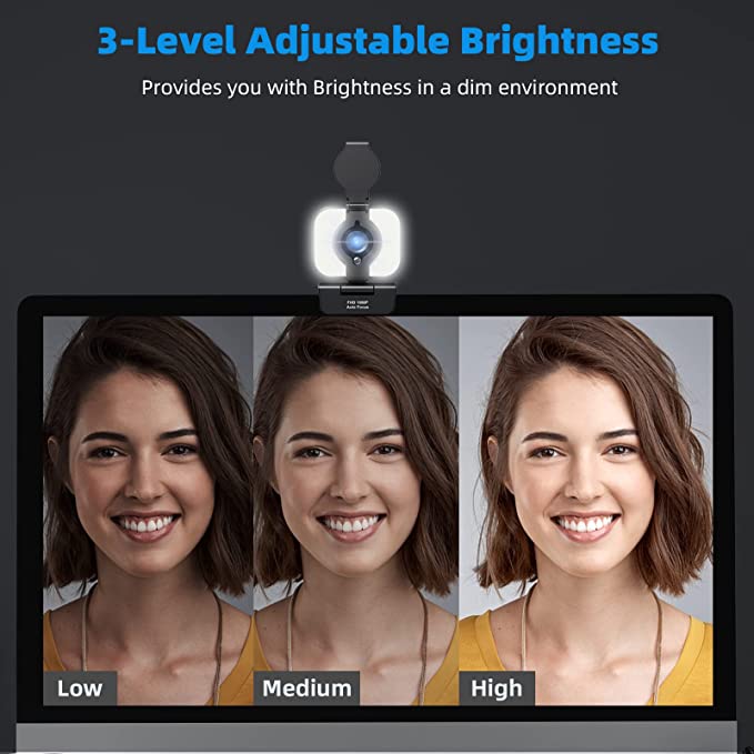 Cámara web HD 1080P con enfoque automático, anillo de luz, protector de privacidad y trípode