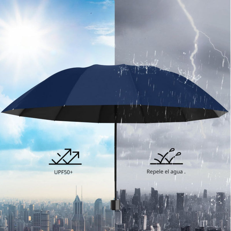 Paraguas Invertido Antiviento con Protección UV. Sombrilla Plegable, Impermeable y Reforzada. Color Negro.