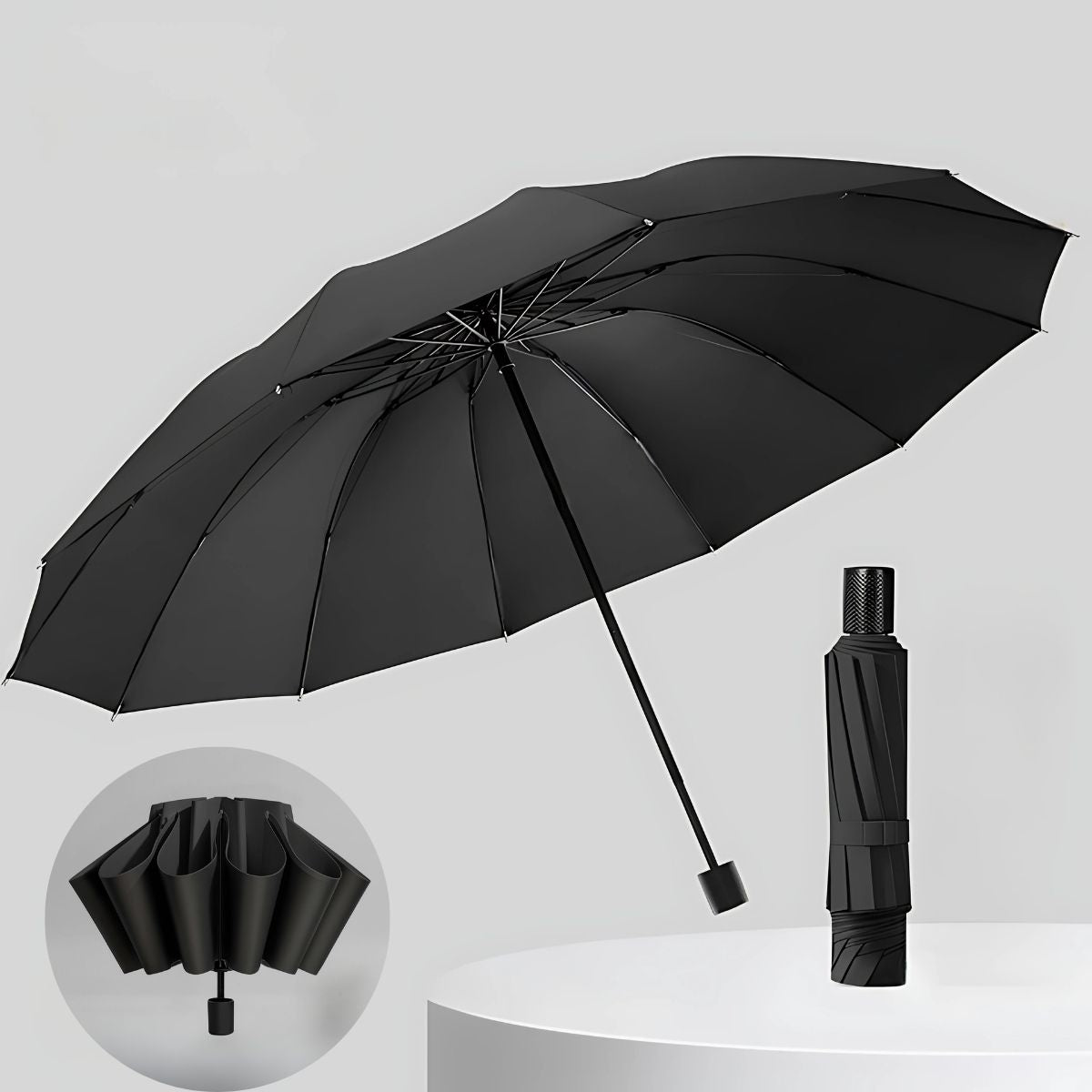 Paraguas Invertido Antiviento con Protección UV. Sombrilla Plegable, Impermeable y Reforzada. Color Negro.