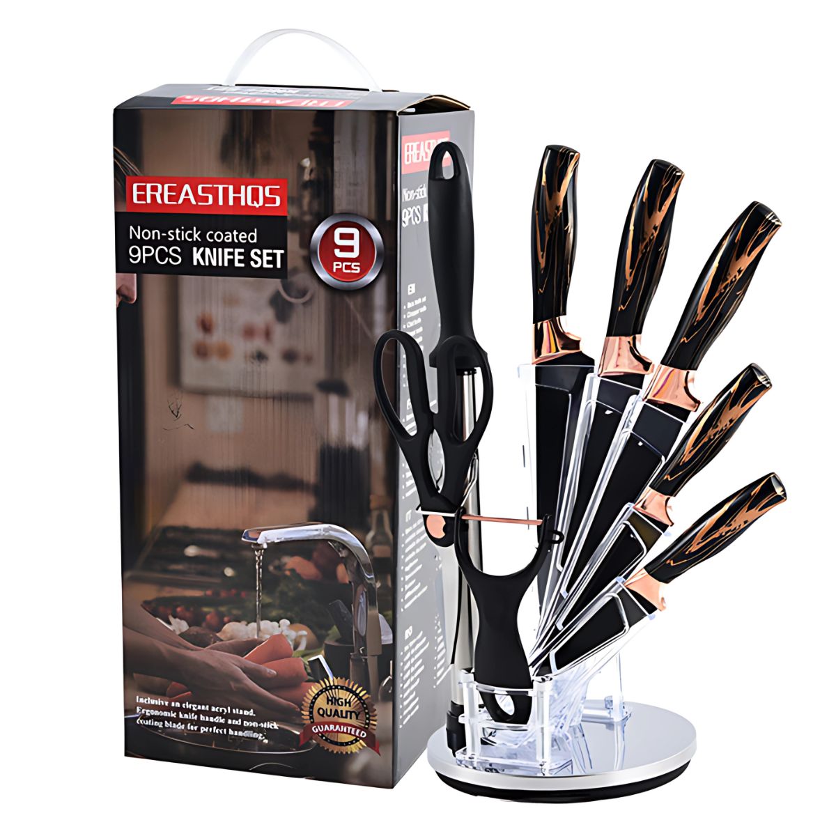 Cuchillos de Cocina Profesionales. Set de 9 piezas. Juego de cuchillos con tijera, pelador y afilador.