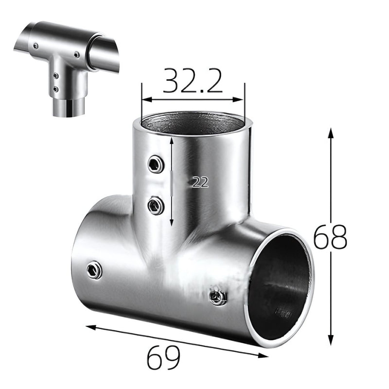 Conector Tipo T 3 Vías en Acero Inoxidable 304 para Tubo de 32 mm. Para Barandales, Pasamanos y Estructuras Tubulares. Acabado Satinado.