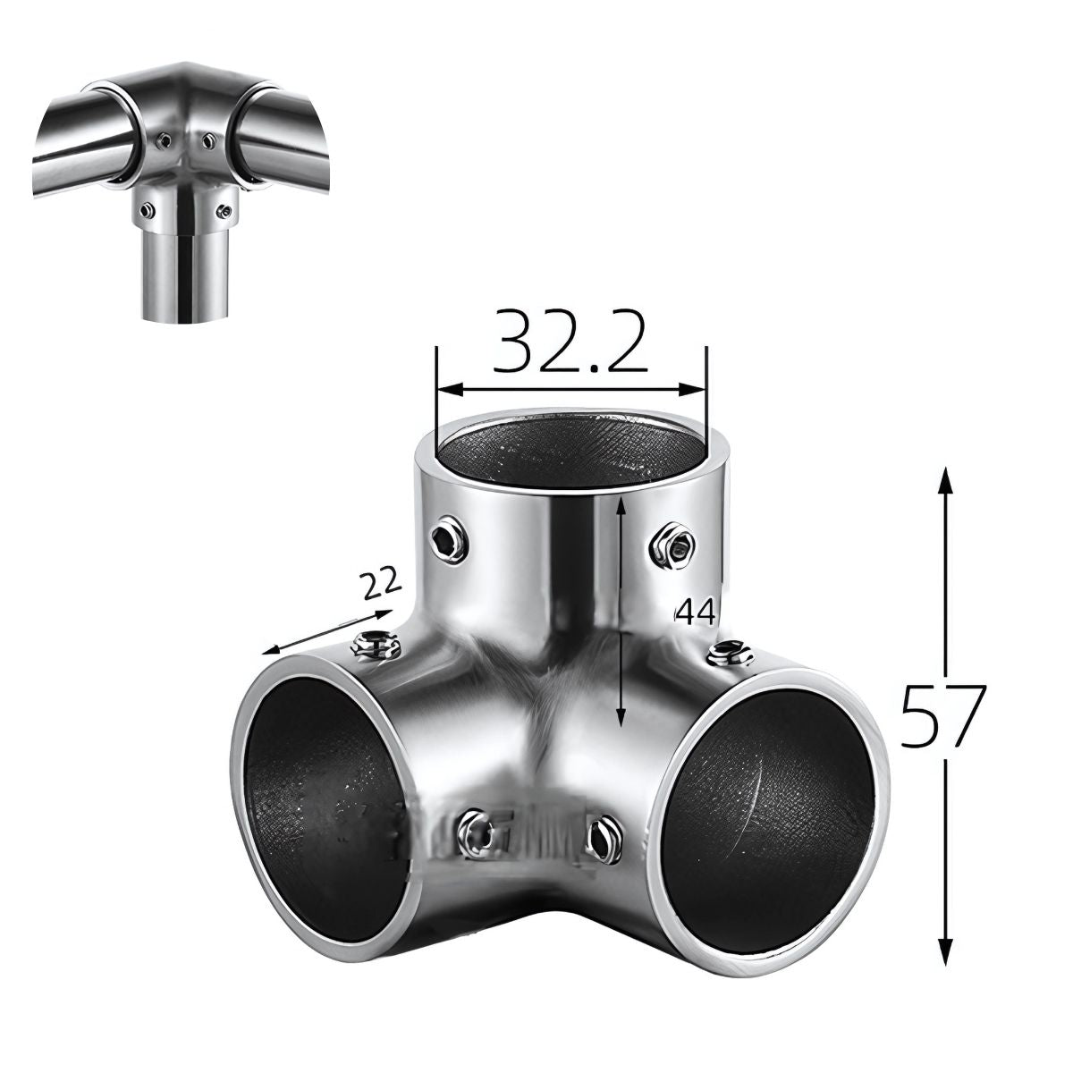 Conector Tipo T 90° en Acero Inoxidable 304 para Tubo de 32 mm. Para Barandas, Pasamanos y Estructuras Metálicas. Acabado Satinado.