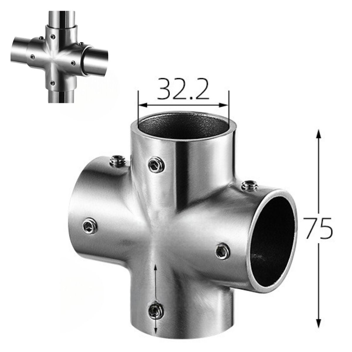 Conector Cruz 4 Vías 90° en Acero Inoxidable 304 para Tubo de 32 mm. Para Barandales, Marcos y Estructuras Tubulares. Acabado Satinado. Unión.