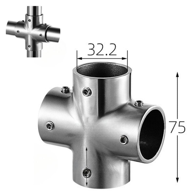 Conector Cruz 4 Vías 90° en Acero Inoxidable 304 para Tubo de 32 mm. Para Barandales, Marcos y Estructuras Tubulares. Acabado Satinado. Unión.