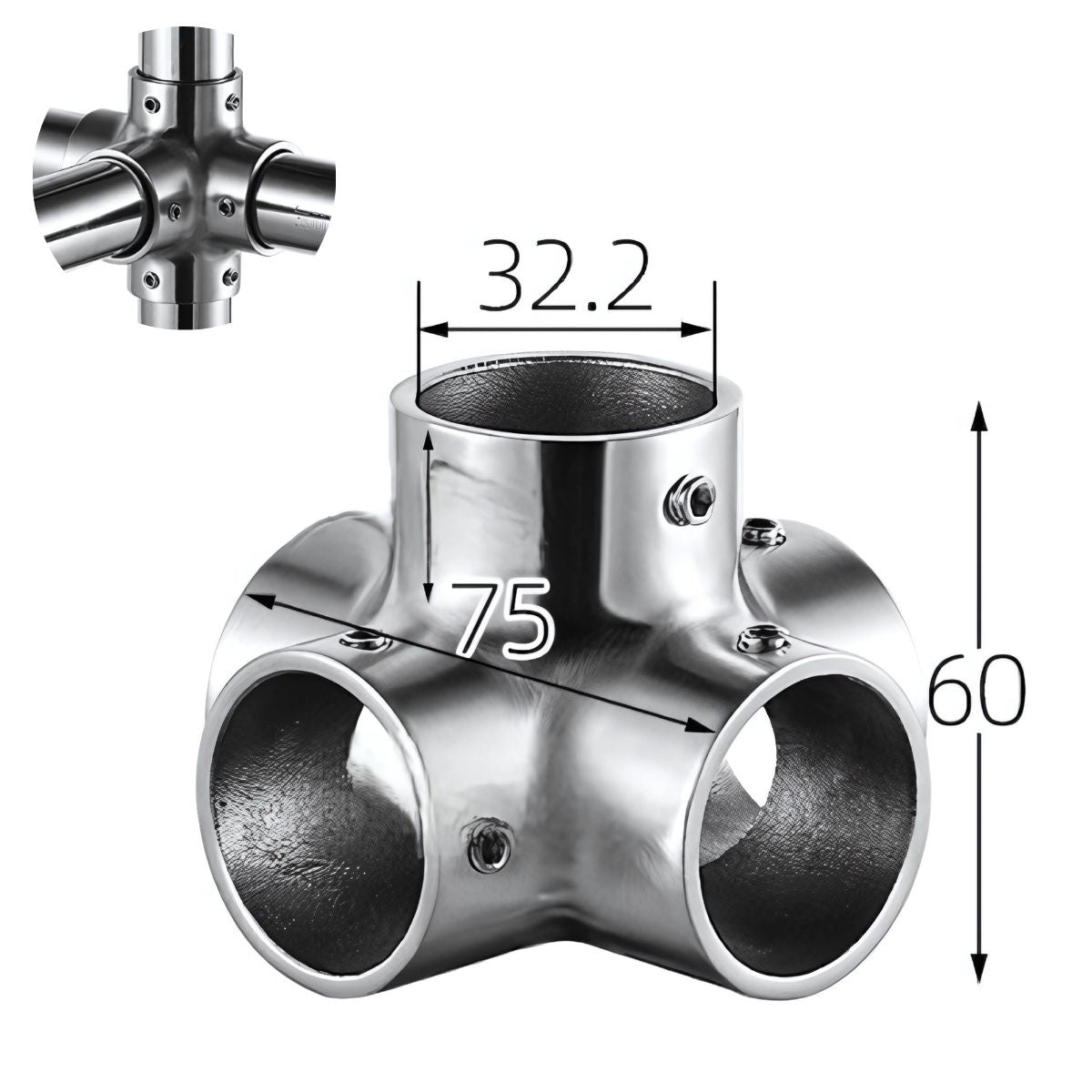 Conector Múltiple de 5 Vías en Acero Inoxidable 304 para Tubos de 32 mm. Para Barandales, Estructuras Modulares y Divisiones Metálicas.