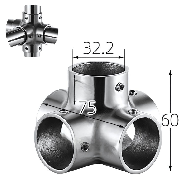 Conector Múltiple de 5 Vías en Acero Inoxidable 304 para Tubos de 32 mm. Para Barandales, Estructuras Modulares y Divisiones Metálicas.