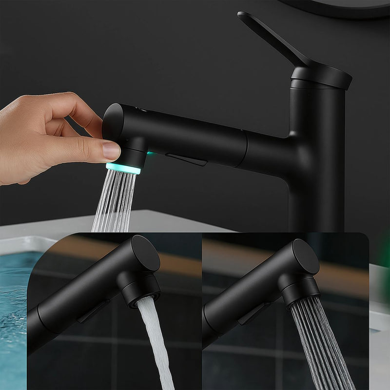 Llave De Lavamanos Extraíble Con Alcance de 60cm. Grifo De Lavabo Color Negro. Pluma Con Doble Función.