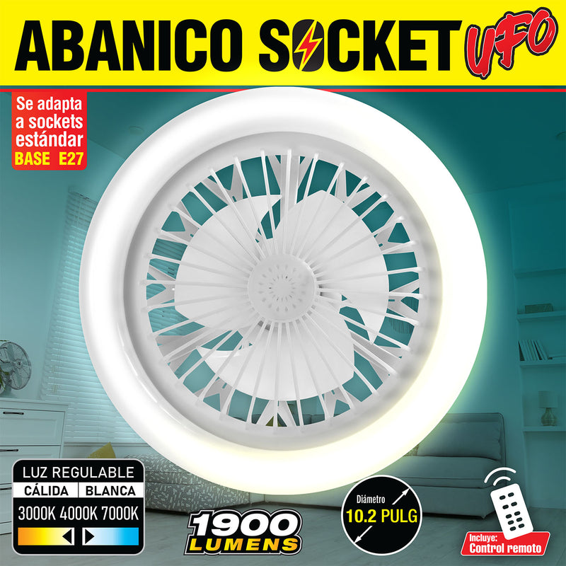 Abanico De Techo Ventilador UFO LED 10" Base E27 30W, Luz regulable Calido y Blanco, CCT. 260X120mm Dimeable