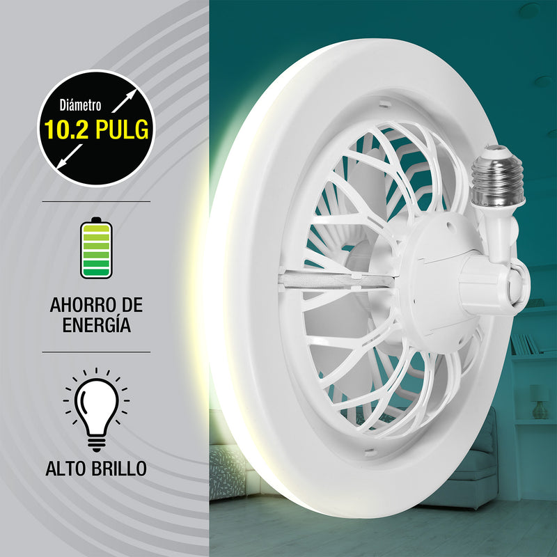 Abanico De Techo Ventilador UFO LED 10" Base E27 30W, Luz regulable Calido y Blanco, CCT. 260X120mm Dimeable