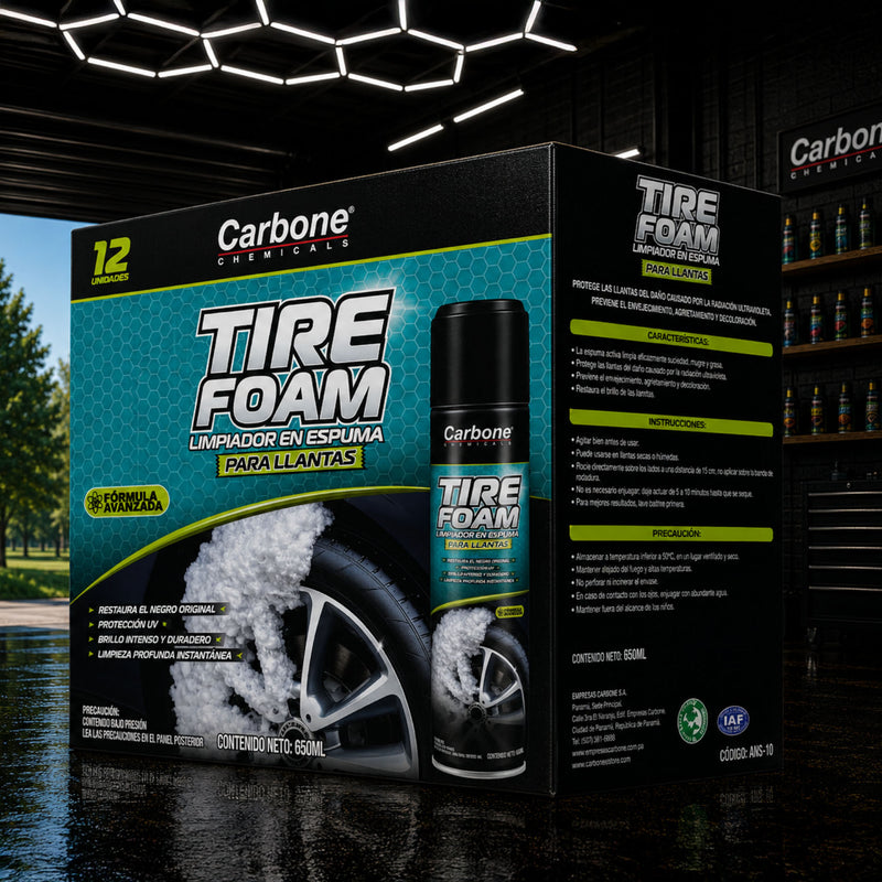 Espuma Limpiadora Tire Foam para LLantas 650ml Alta Brillantez. Spray Abrillantador y Protector de Neumáticos de Autos y Motos con Efecto Negro Intenso