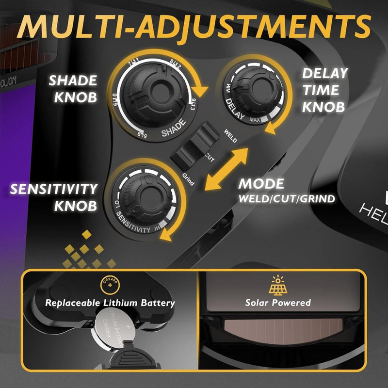 Máscara para soldar con oscurecimiento automático, carga con energía solar. Área de visión de 3.94" x 3.66".
