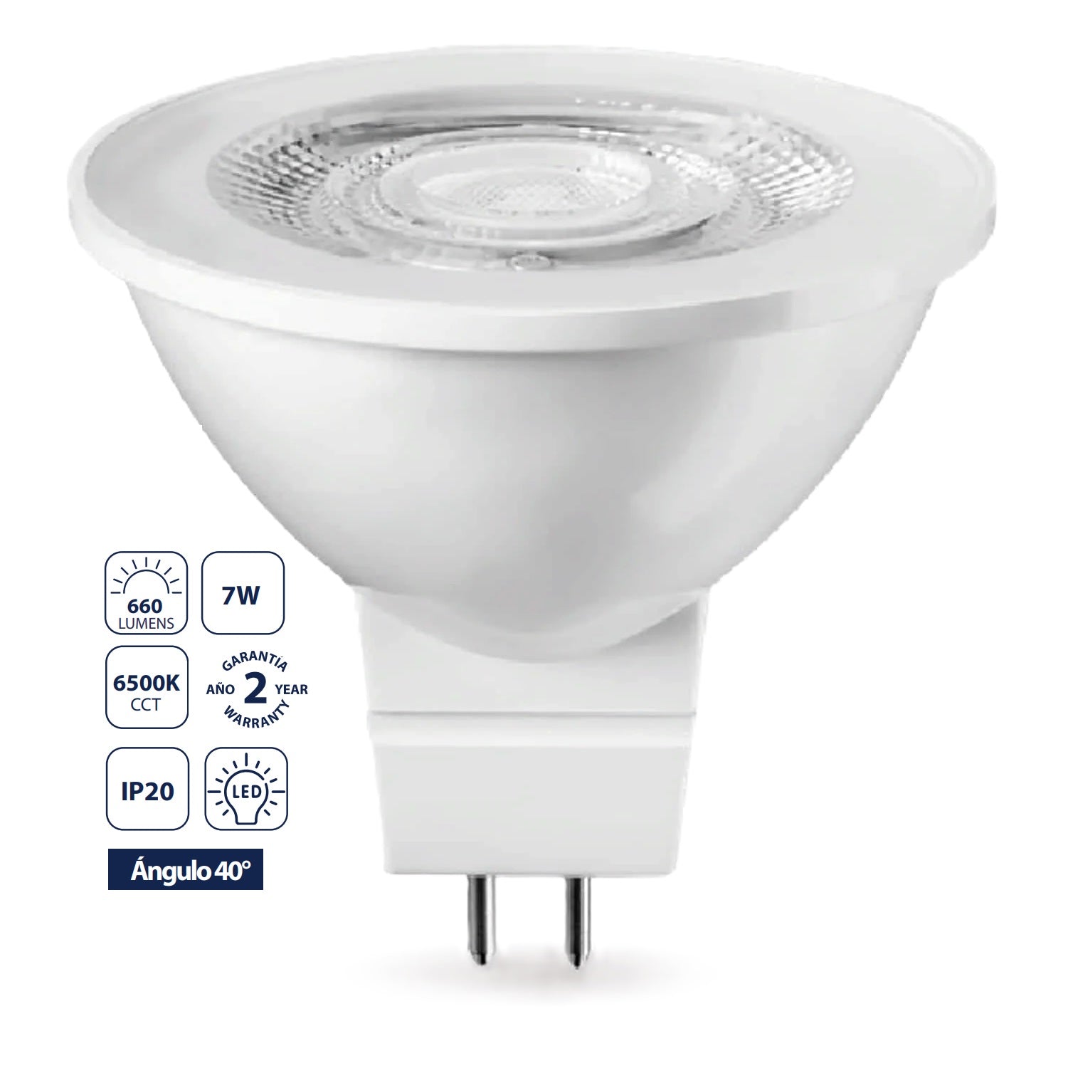 Bombillo LED MR16 GU5.3 7W 6500K, Luz Fría, 660 lm. 85% Ahorro. Encendido instántaneo. Foco.