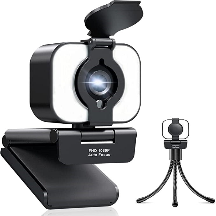 Cámara web HD 1080P con enfoque automático, anillo de luz, protector de privacidad y trípode