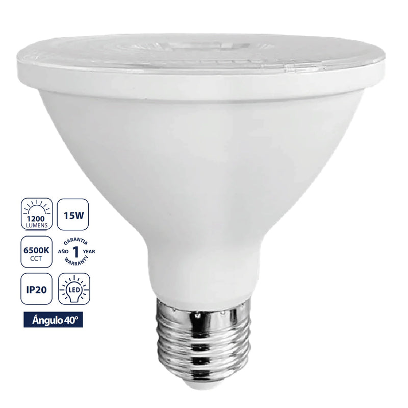 Bombillo LED PAR30 E27 15W 6500K Luz Fría 1200 lm 60° 110-240V Ideal para Iluminación Industrial. Foco