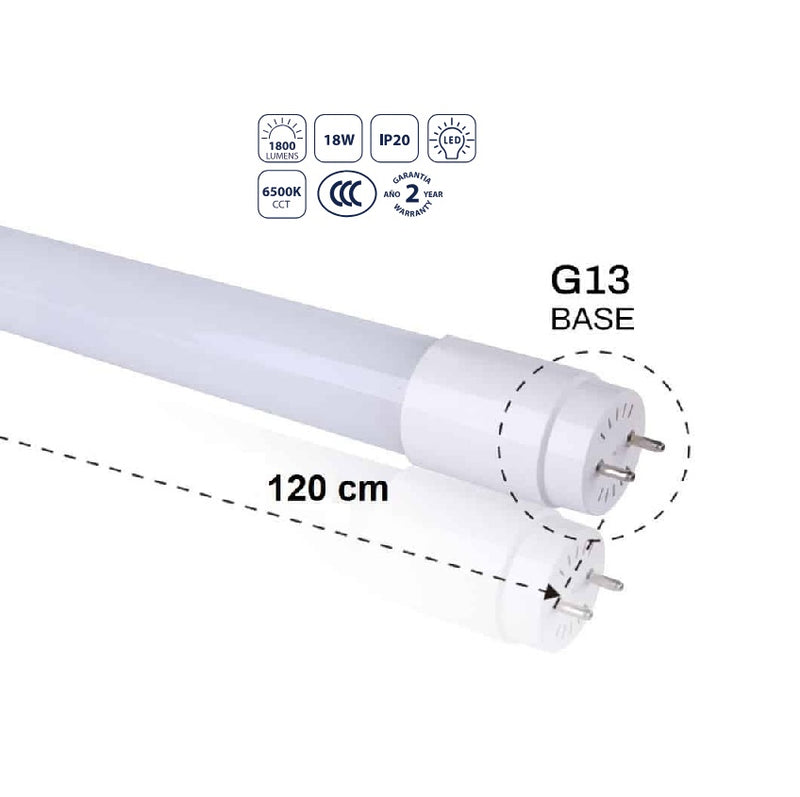 Tubo LED T18 18W 6500K Luz Fría, 1800lm, Base G13 Ahorro Energético y Luminosidad Homogénea, 1200x26 mm