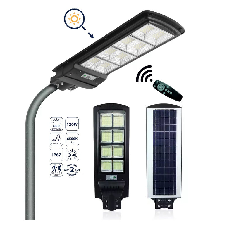 Lámpara de Calle Solar LED 120W 4800lm 6500K Fría, Sensor Movimiento, Sostenible. Luminaria
