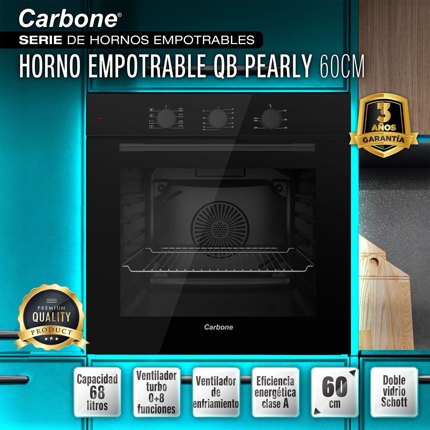 Horno Empotrable de 60 cm Capacidad 68L 110V Rango 0°C a 250°C