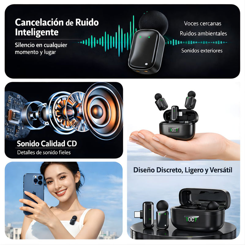 Micrófono Inalámbrico Dual con Cancelación de Ruido inteligente. Conexión USB-C. Estuche con Pantalla Digital.