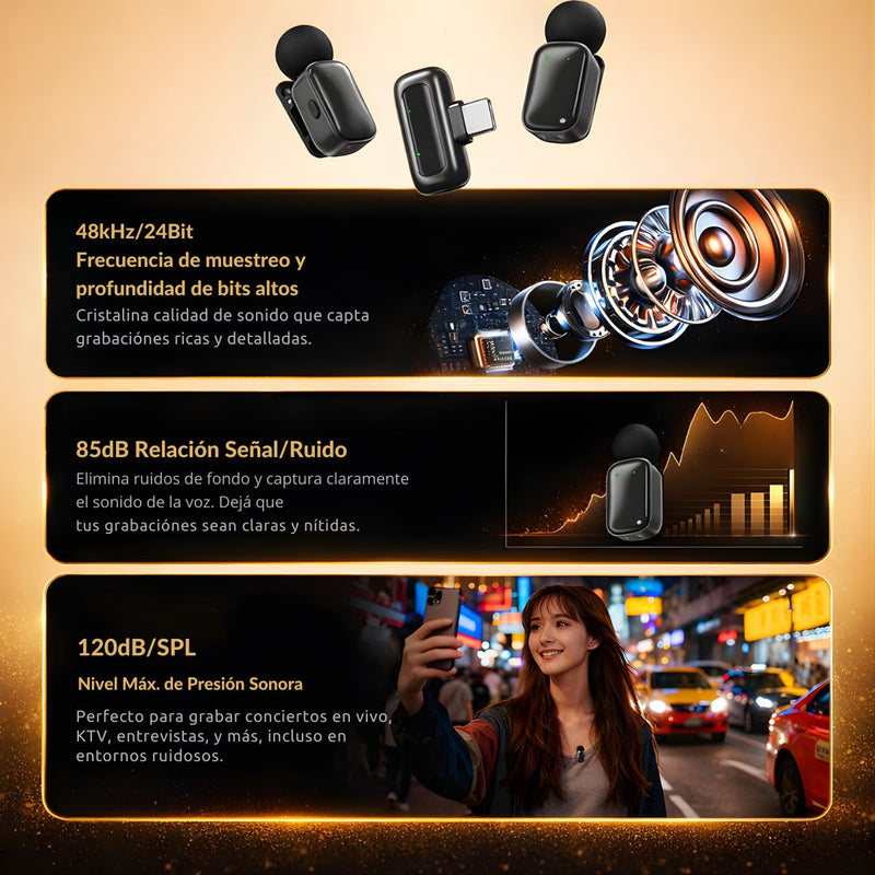 Micrófono Inalámbrico Dual con Cancelación de Ruido inteligente. Conexión USB-C. Estuche con Pantalla Digital.