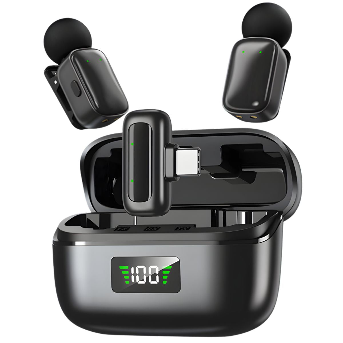 Micrófono Inalámbrico Dual con Cancelación de Ruido inteligente. Conexión USB-C. Estuche con Pantalla Digital.