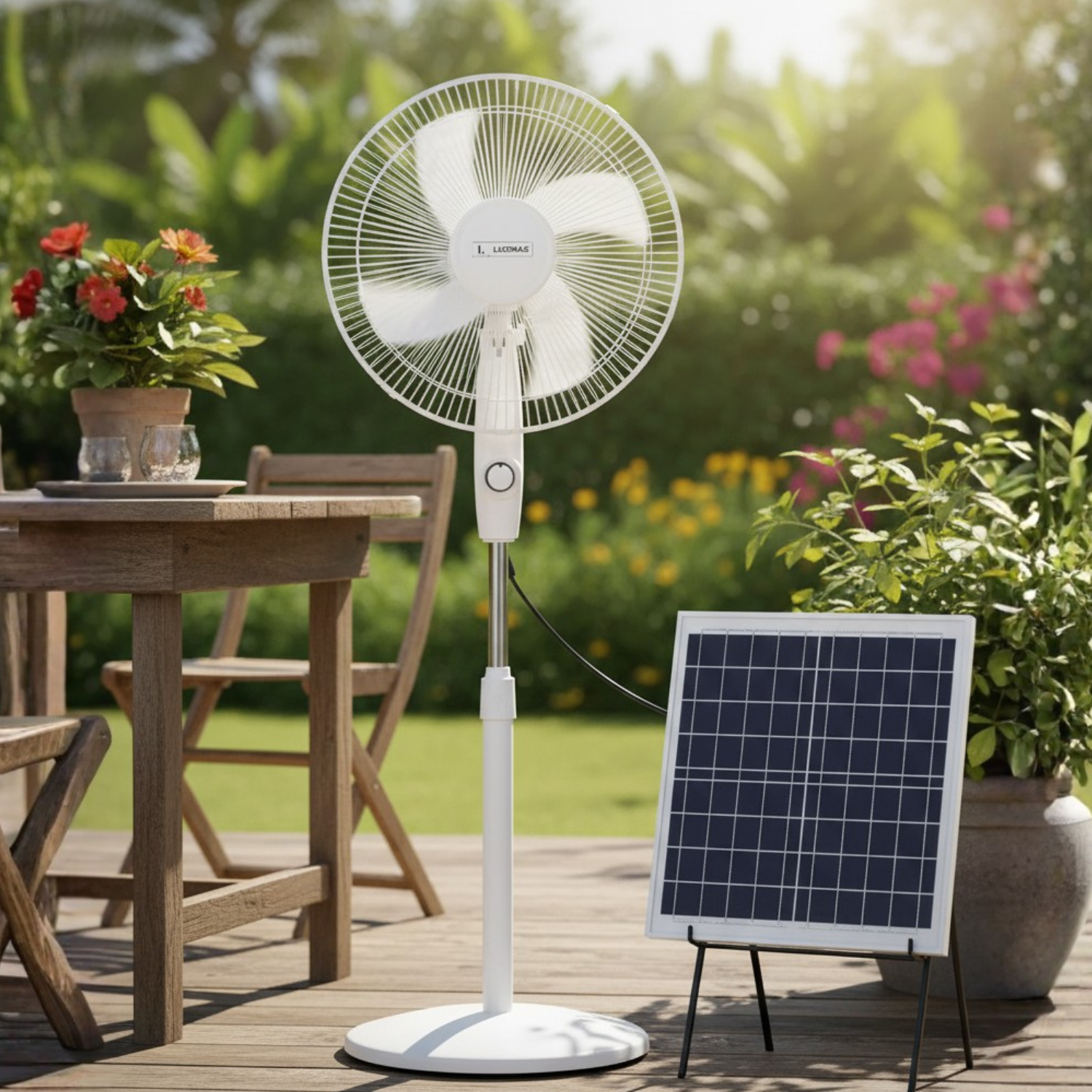 Abanico de Pedestal 16” con Panel Solar de 8000mAh. Ventilador de Piso 15W y 3 Velocidades, Oscilación Lateral. Autonomía 5-6 Horas.Color Blanco