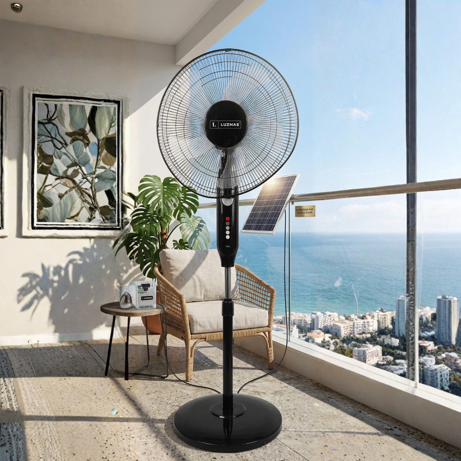Abanico de Pedestal Solar 16” de 8000mAh y 15W. Ventilador Recargable Portátil de 3 Velocidades con USB Tipo C. Luz 6500K y Autonomía 5-6 H. Color Negro