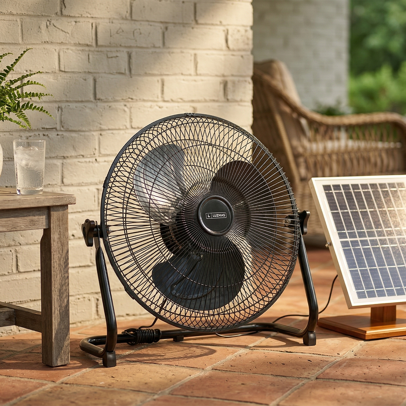 Abanico Solar 12” con Panel Solar 8000mAh y 15W. Ventilador Recargable Portátil de 3 Velocidades Adaptador 9V/2A (340x108mm). Color Negro