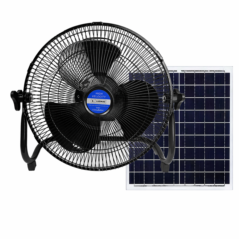 Abanico Solar 12” con Panel Solar 8000mAh y 15W. Ventilador Recargable Portátil de 3 Velocidades Adaptador 9V/2A (340x108mm). Color Negro