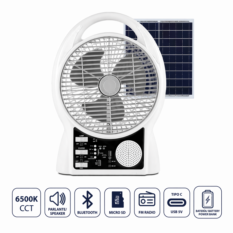 Abanico Solar Multimedia 8” con Lámpara LED y Panel Solar 9V/3W de 5500mAh 10W. Ventilador Recargable con Bluetooth, Radio FM, USB y Micro SD de 2 Velocidades. Color Blanco