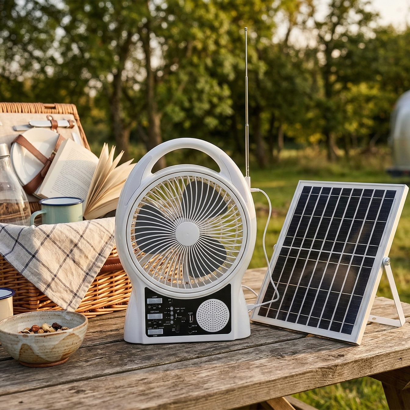Abanico Solar Multimedia 8” con Lámpara LED y Panel Solar 9V/3W de 5500mAh 10W. Ventilador Recargable con Bluetooth, Radio FM, USB y Micro SD de 2 Velocidades. Color Blanco