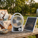Abanico Solar Multimedia 8” con Lámpara LED y Panel Solar 9V/3W de 5500mAh 10W. Ventilador Recargable con Bluetooth, Radio FM, USB y Micro SD de 2 Velocidades. Color Blanco