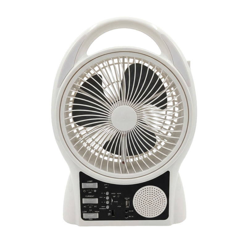 Abanico Solar Multimedia 8” con Lámpara LED y Panel Solar 9V/3W de 5500mAh 10W. Ventilador Recargable con Bluetooth, Radio FM, USB y Micro SD de 2 Velocidades. Color Blanco