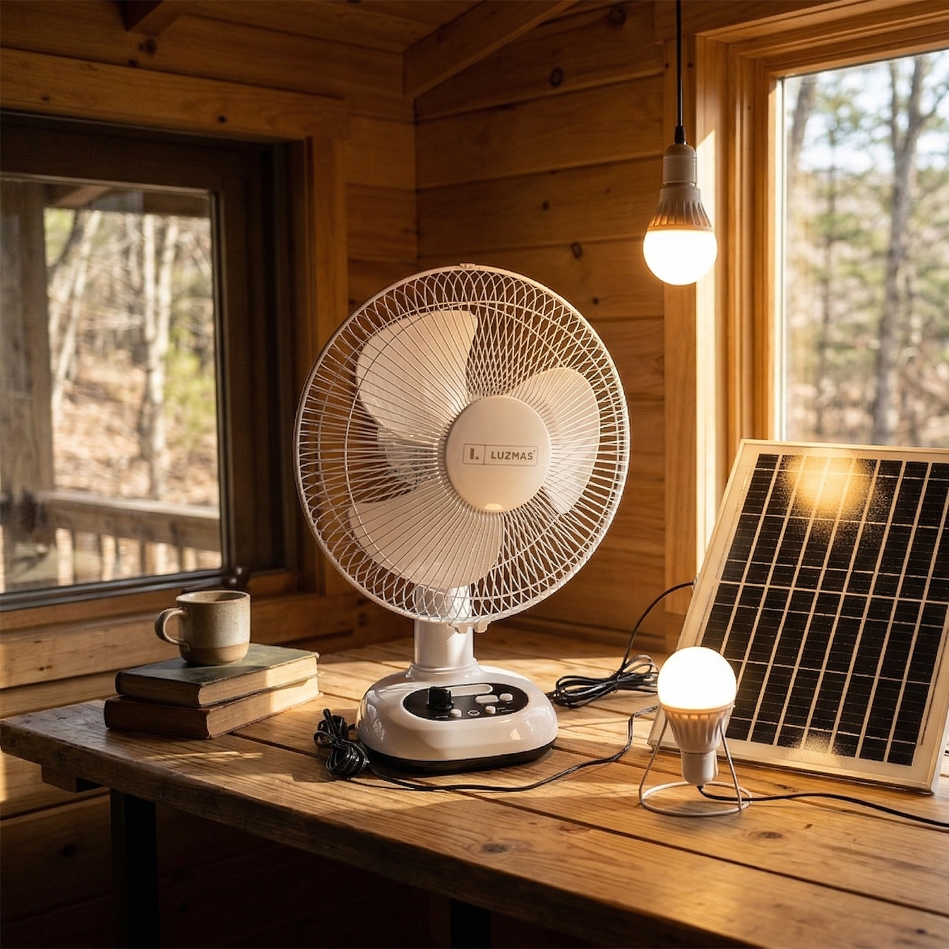 Abanico Solar 12” con Lámpara LED 6500K, Panel Solar 9V/3W, Batería 6V 4.5Ah, Motor 15W. Ventilador Recargable 2 Velocidades con Puerto USB Tipo C, Power Bank. Color Blanco
