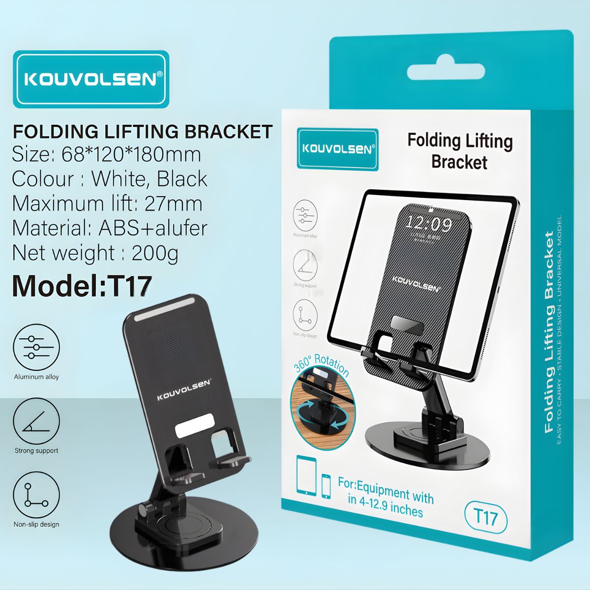 Soporte Plegable y Elevable para Celular y Tablet. Base de Escritorio con Rotación 360° y Diseño Antideslizante. Color negro.