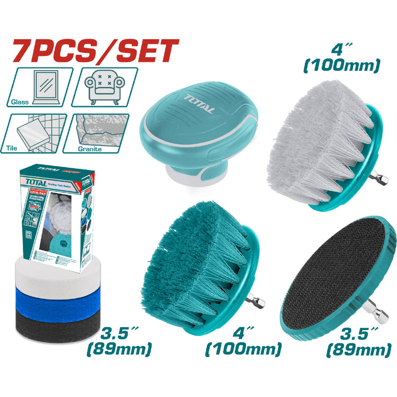 Cepillos para drill limpieza con accesorios. Incluye: Cepillos, almohadillas y soporte. Set de 7 piezas.