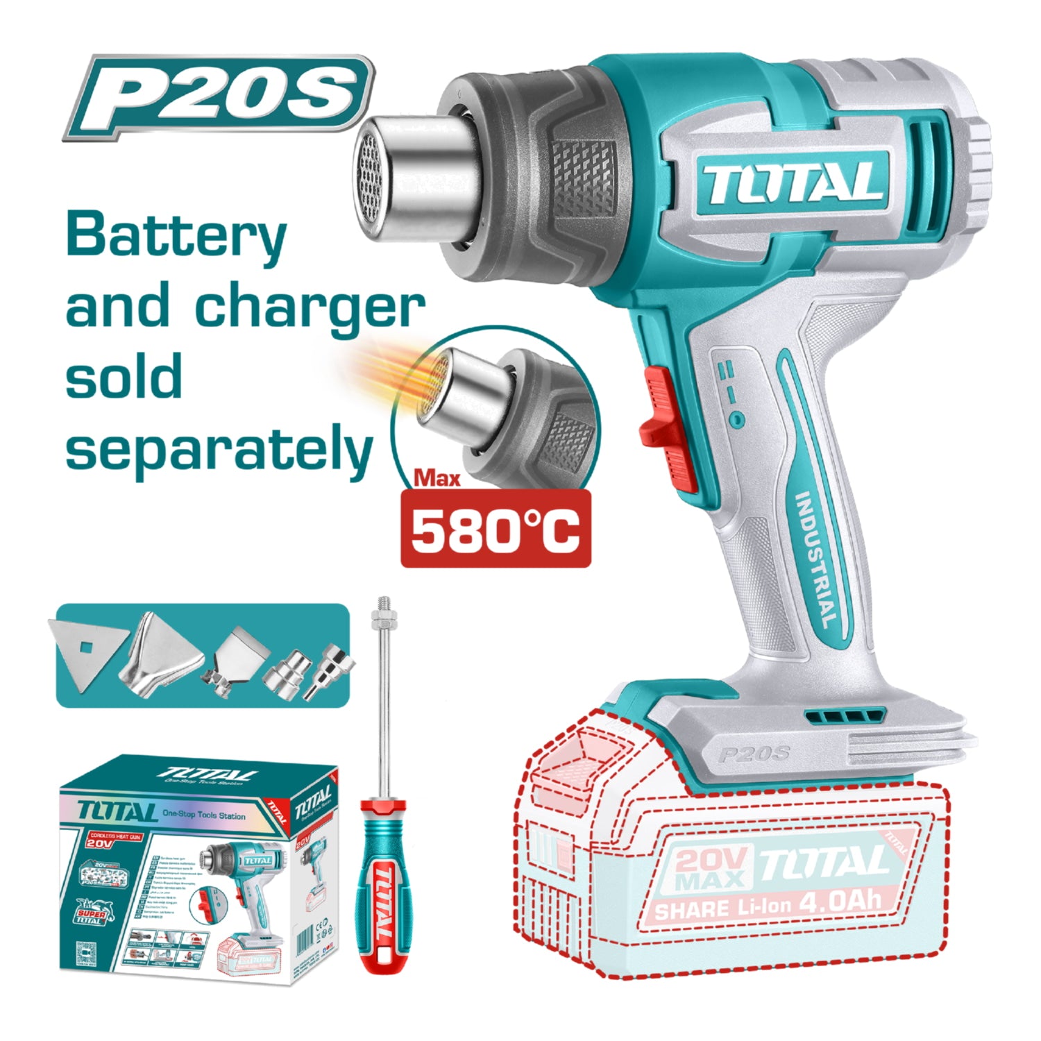 Pistola De Calor Inalámbrica. 20V. 300/580°C. Batería y Cargador Por Separado. Incluye accesorios. Blower