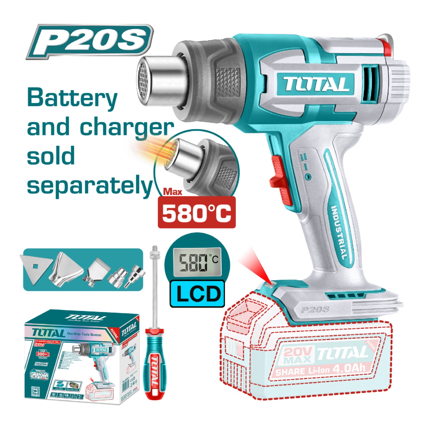 Pistola De Calor Inalámbrica. 20V. 30/580°C. Flujo Aire 100/200 L/min Batería y Cargador Por Separado. Incluye accesorios. Blower