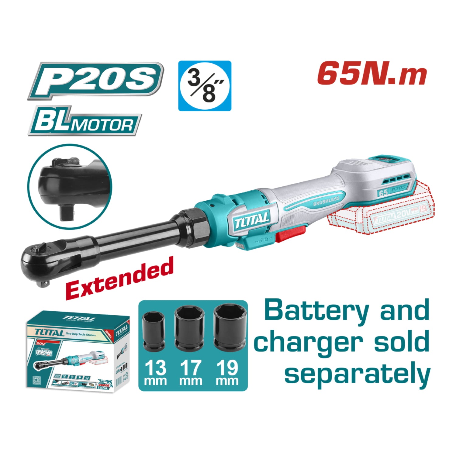 Ratchet Inalámbrico Extensible 20V de 3/8" 65Nm 0-350rpm Incluye 3 llaves. Batería y cargador por separado.